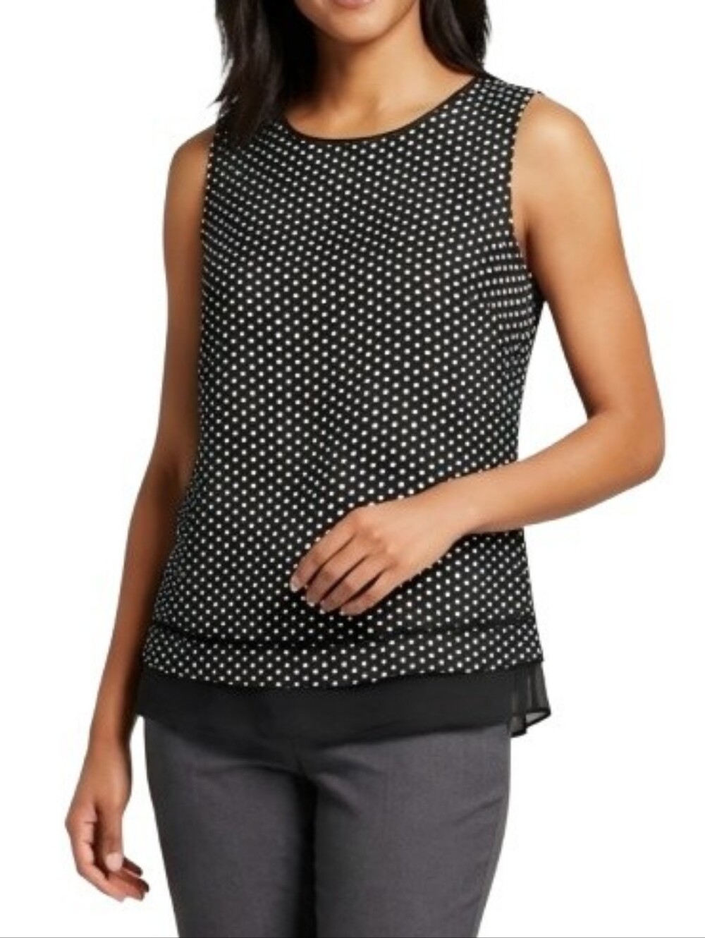 Calvin Klein Black Polka-Dot Shell Blouse Sleeveless Chiffon Trim Satin